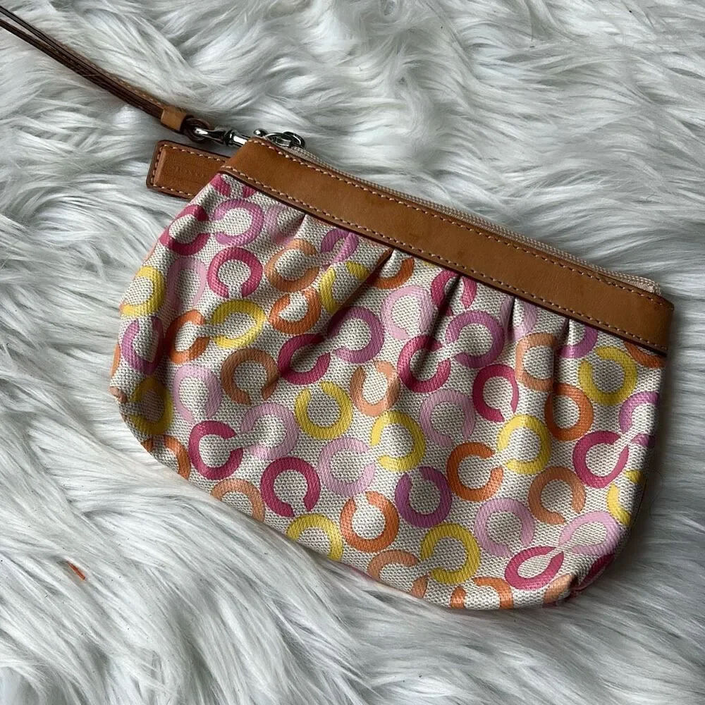 Coach Wristlet Colorful Pink Op Art Signature Clutch Leather Trim Retro Case Y2K